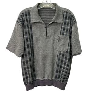 VTG Lindbergh Mens Large Gray Black Woven Pullover Short Sleeve Polo Shirt